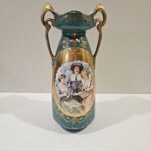 Antique Prov Saxe ES Germany Teal Gold Portrait Vase Double Sided